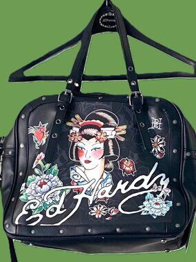 Ed Hardy Geisha Tattoo Art Weekender Laptop Bag Black PU Crossbody Shoulder Bag